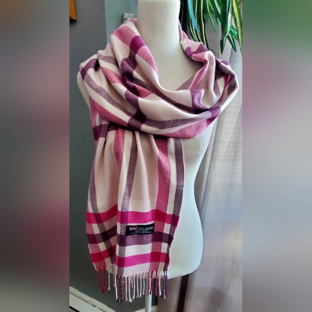 100% Cashmere Pink and Purple Plaid Scarf